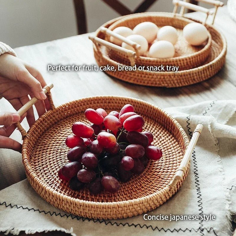 Handwoven Rattan Storage Tray with Wooden Handle - Tegulane Global