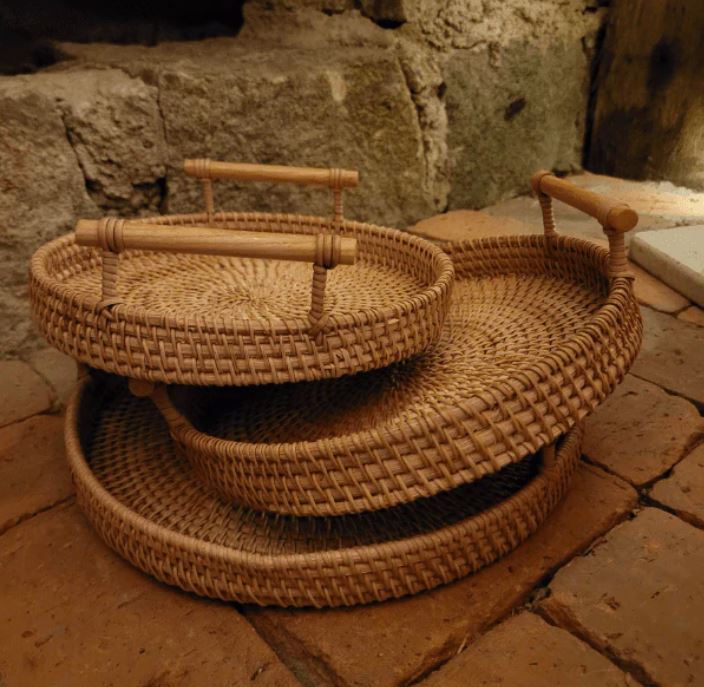 Handwoven Rattan Storage Tray with Wooden Handle - Tegulane Global