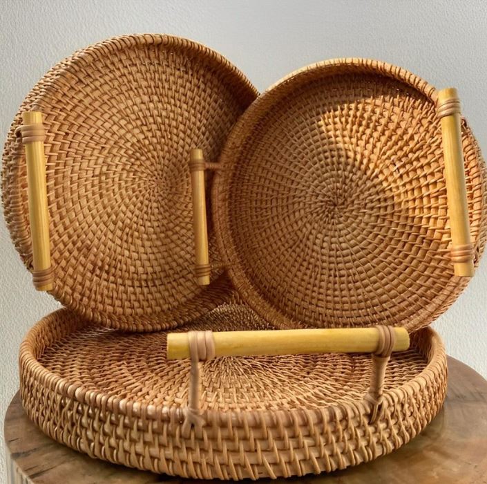 Handwoven Rattan Storage Tray with Wooden Handle - Tegulane Global
