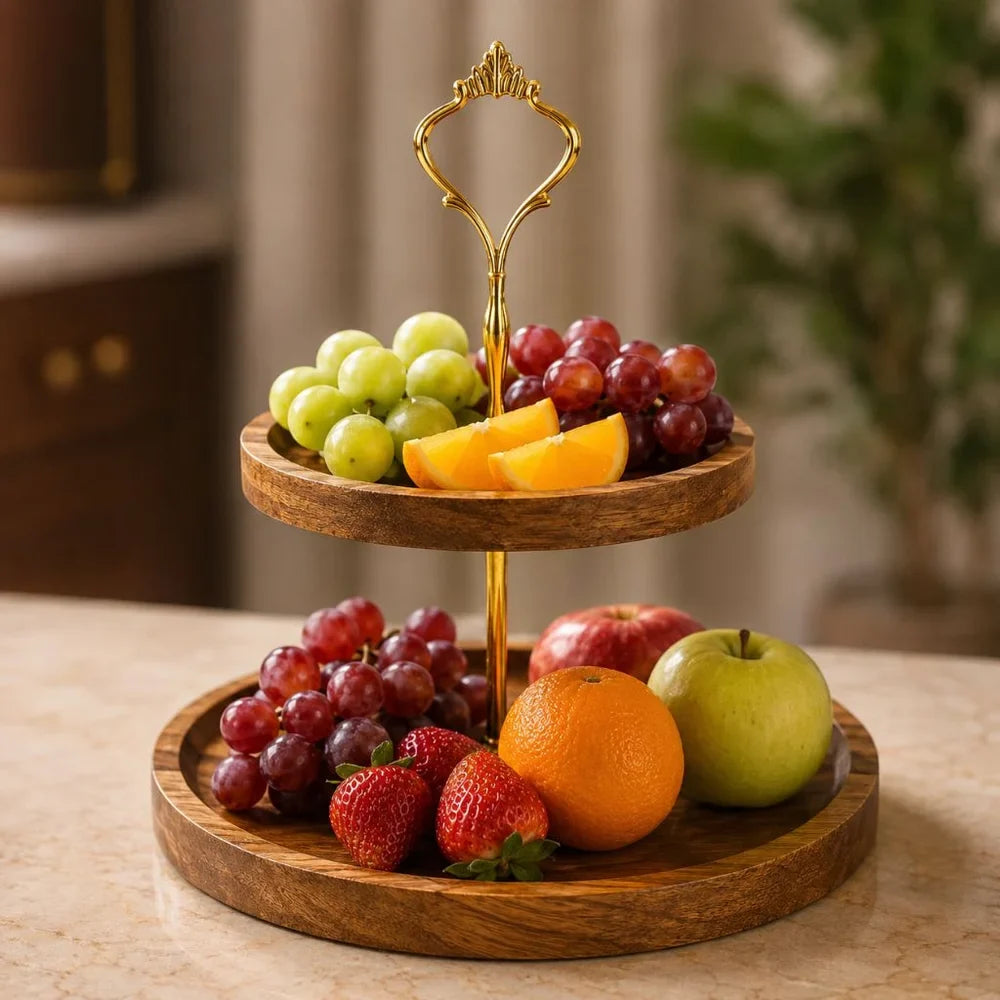 Japanese Solid Wood Fruit Tray Two Tier Round Snack Plate - Tegulane Global