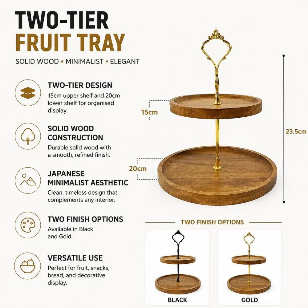 Japanese Solid Wood Fruit Tray Two Tier Round Snack Plate - Tegulane Global