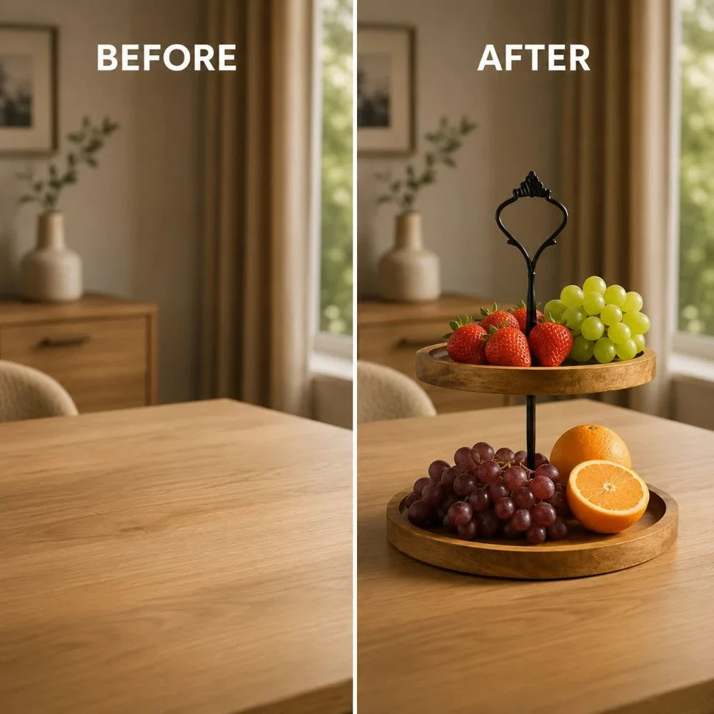 Japanese Solid Wood Fruit Tray Two Tier Round Snack Plate - Tegulane Global