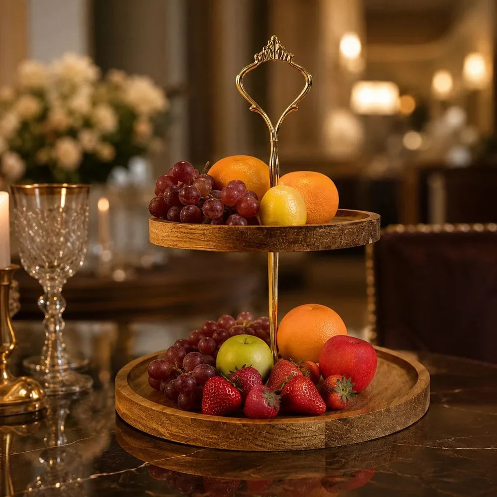 Japanese Solid Wood Fruit Tray Two Tier Round Snack Plate - Tegulane Global