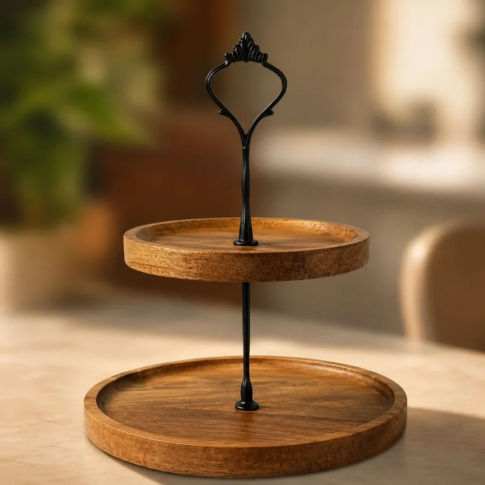 Japanese Solid Wood Fruit Tray Two Tier Round Snack Plate - Tegulane Global