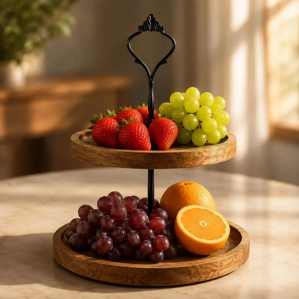 Japanese Solid Wood Fruit Tray Two Tier Round Snack Plate - Tegulane Global