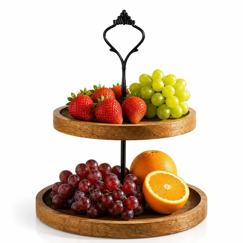 Japanese Solid Wood Fruit Tray Two Tier Round Snack Plate - Tegulane Global
