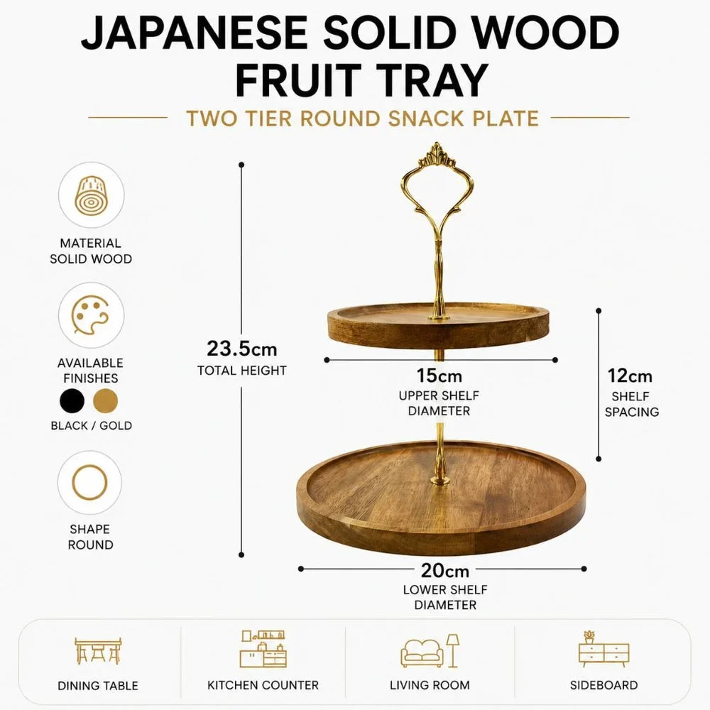Japanese Solid Wood Fruit Tray Two Tier Round Snack Plate - Tegulane Global