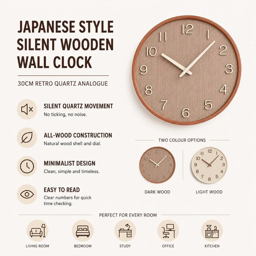 Japanese Style Silent Wooden Wall Clock 30cm Retro Quartz Analogue - Tegulane Global