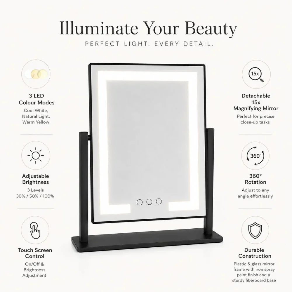Lighted Vanity Makeup Mirror 3 Colour LED Touch Control 15x Magnifying - Tegulane Global