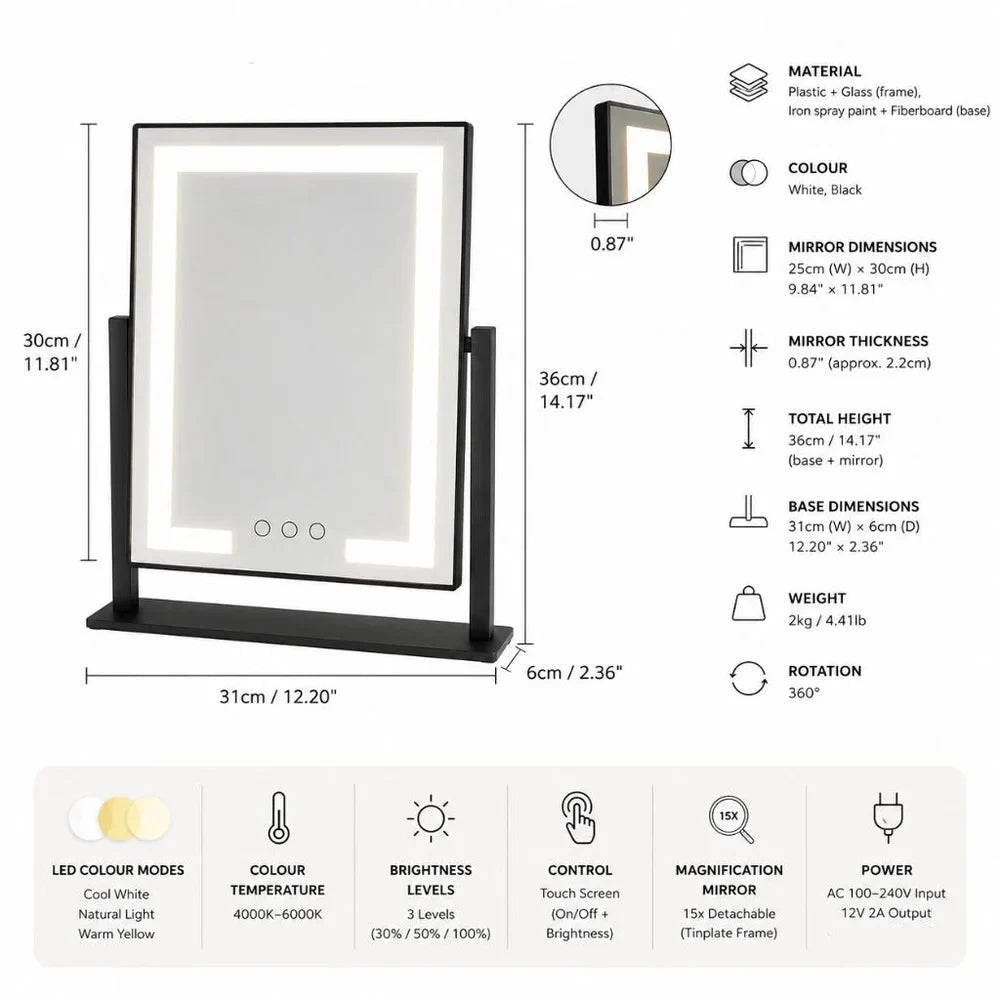 Lighted Vanity Makeup Mirror 3 Colour LED Touch Control 15x Magnifying - Tegulane Global