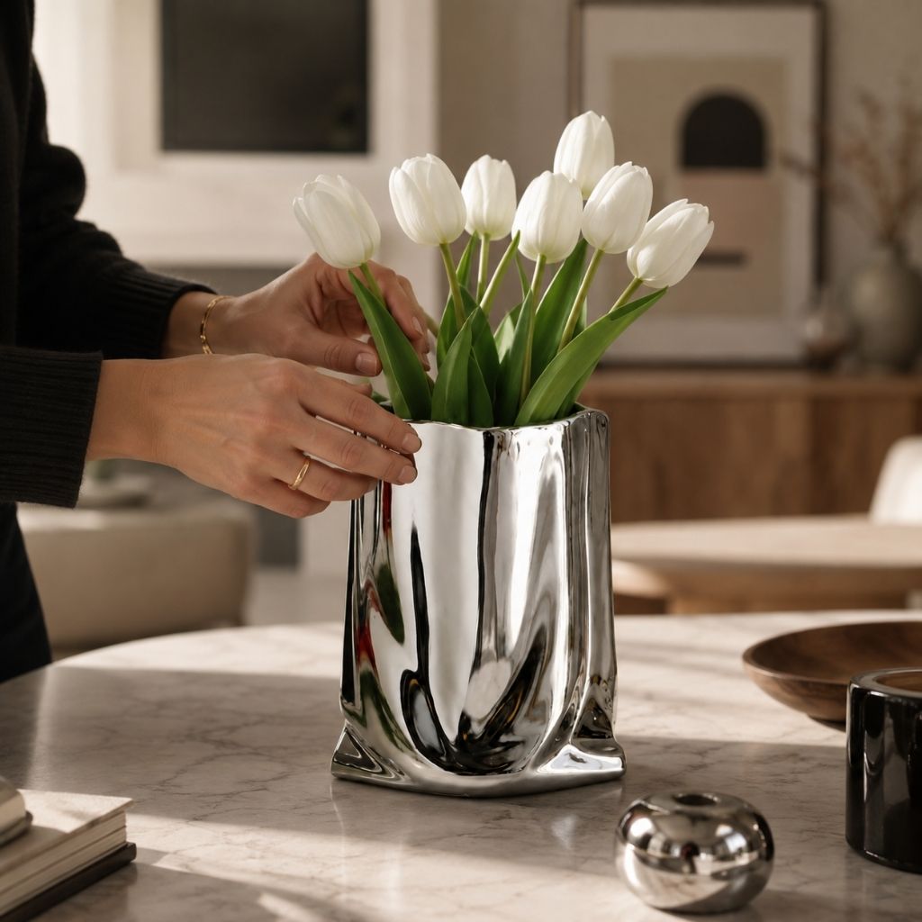 Liquid Silver Vase with Metallic Finish - Tegulane Global