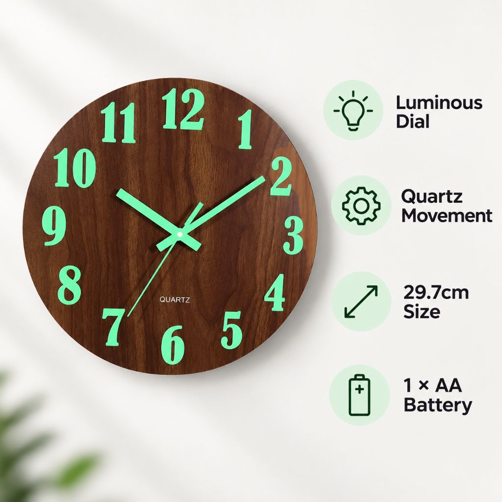 Luminous Wood-Grain Quartz Wall Clock - Tegulane Global