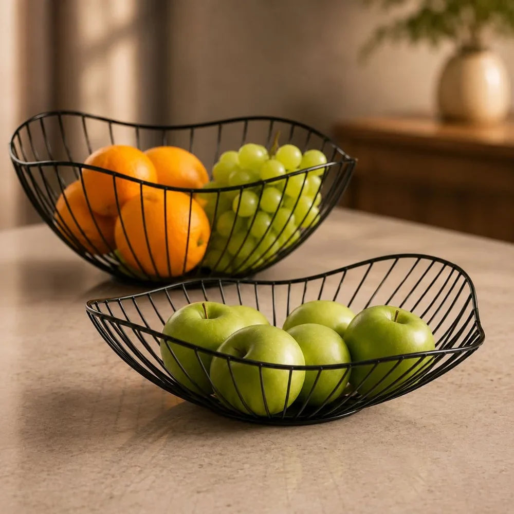 Metal Wire Fruit Basket Set - Round and Oval Kitchen Storage Bowl - Tegulane Global