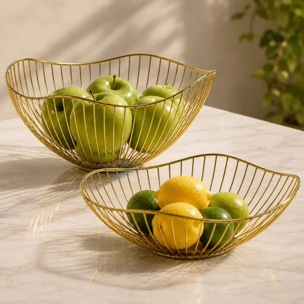 Metal Wire Fruit Basket Set - Round and Oval Kitchen Storage Bowl - Tegulane Global