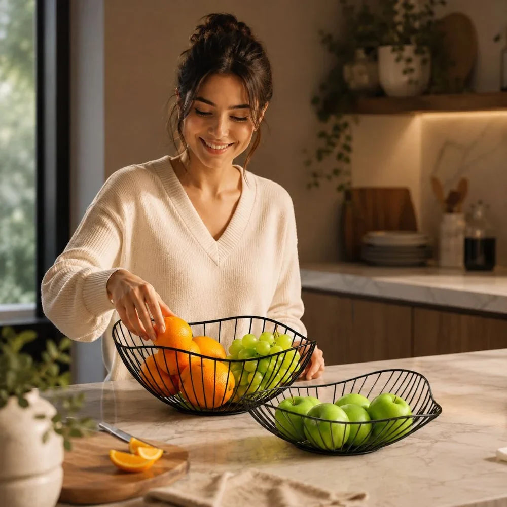 Metal Wire Fruit Basket Set - Round and Oval Kitchen Storage Bowl - Tegulane Global