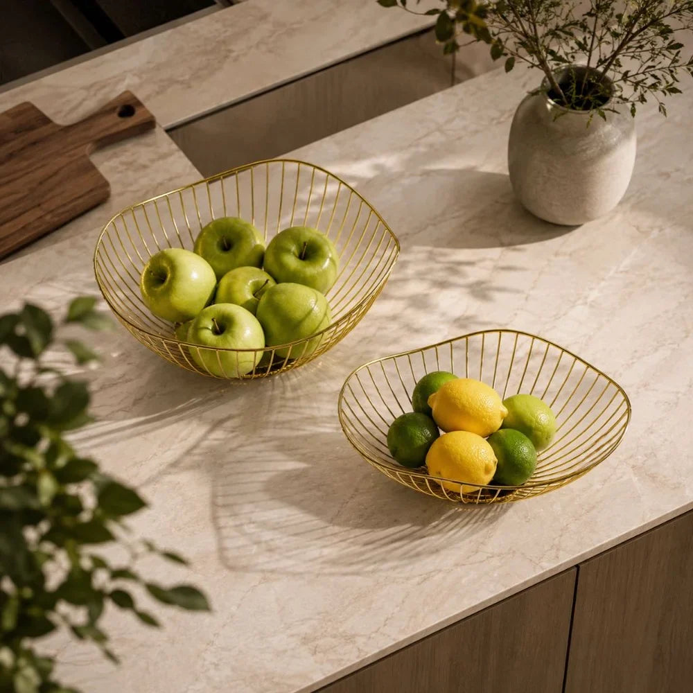 Metal Wire Fruit Basket Set - Round and Oval Kitchen Storage Bowl - Tegulane Global