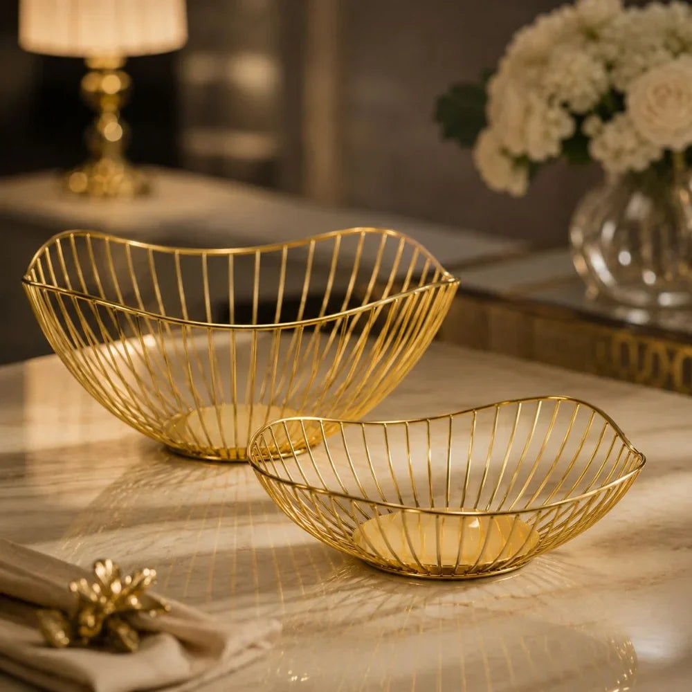 Metal Wire Fruit Basket Set - Round and Oval Kitchen Storage Bowl - Tegulane Global