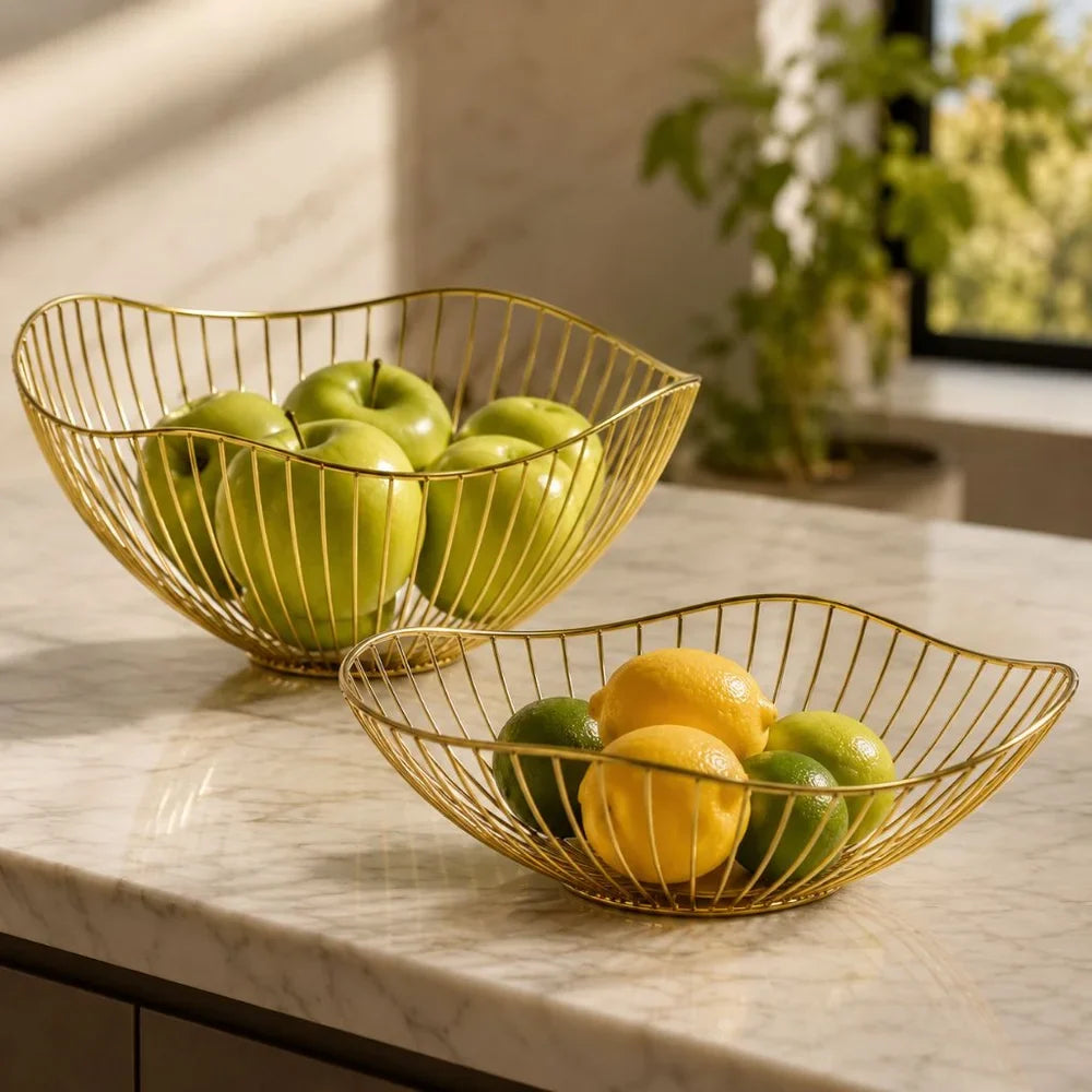 Metal Wire Fruit Basket Set - Round and Oval Kitchen Storage Bowl - Tegulane Global