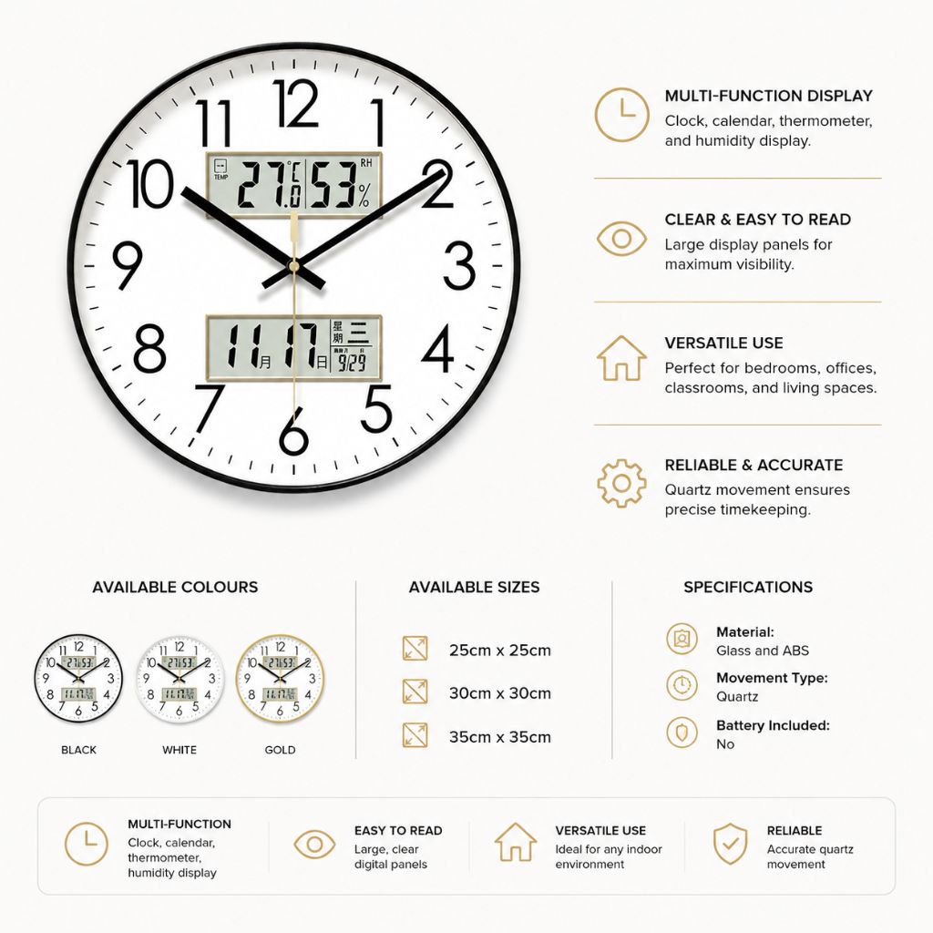 MetroSense 3-in-1 Quiet Wall Clock with Calendar & Thermometer - Tegulane Global