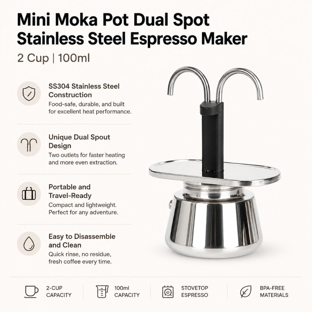 Mini Moka Pot Dual Spot Stainless Steel Espresso Maker - 2 Cup | 100ml - Tegulane Global