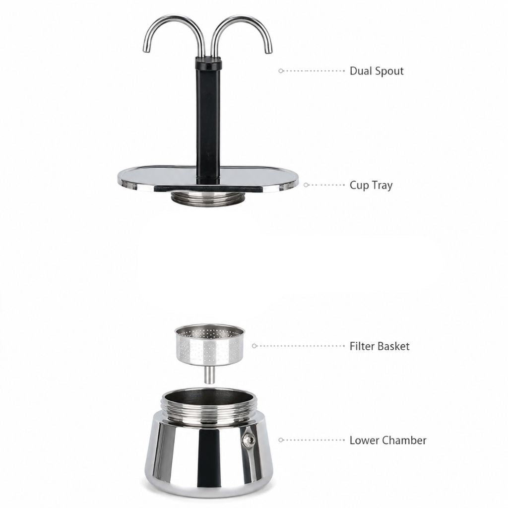Mini Moka Pot Dual Spot Stainless Steel Espresso Maker - 2 Cup | 100ml - Tegulane Global