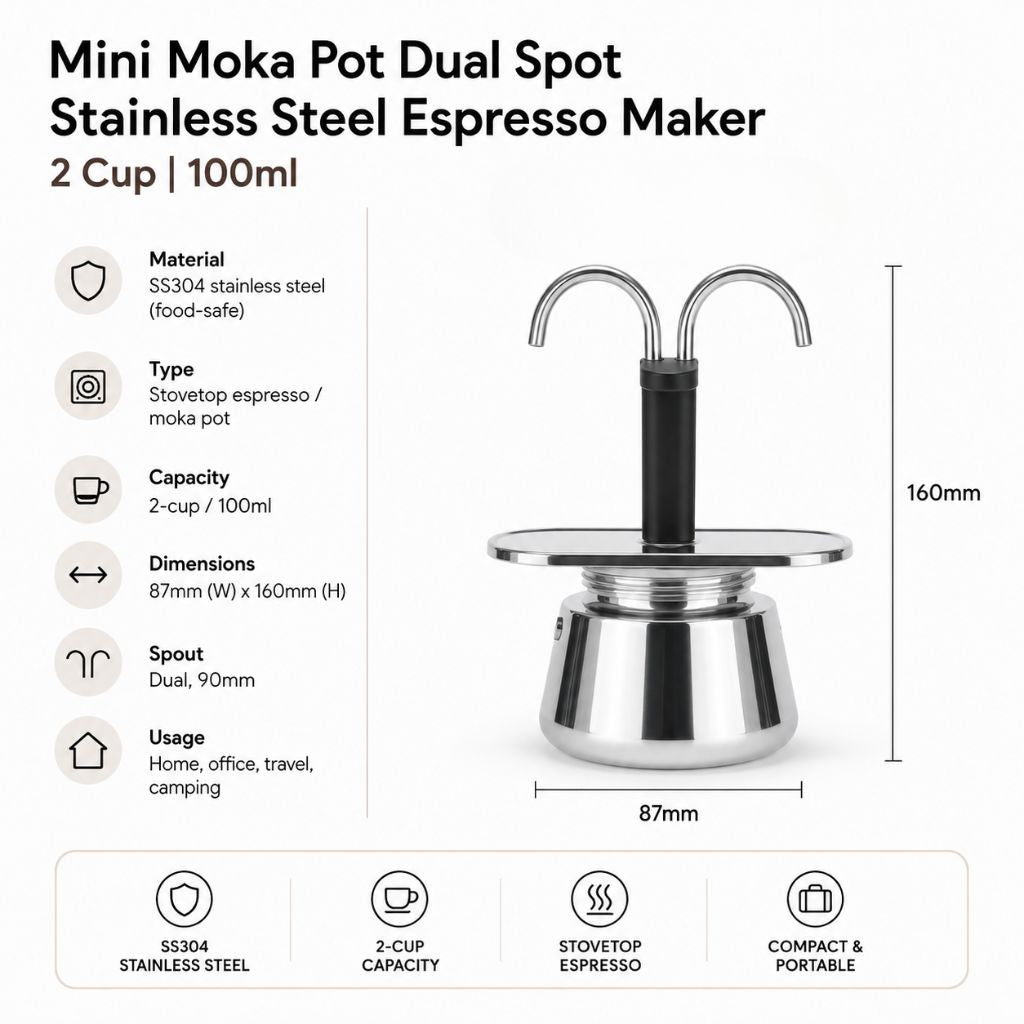 Mini Moka Pot Dual Spot Stainless Steel Espresso Maker - 2 Cup | 100ml - Tegulane Global