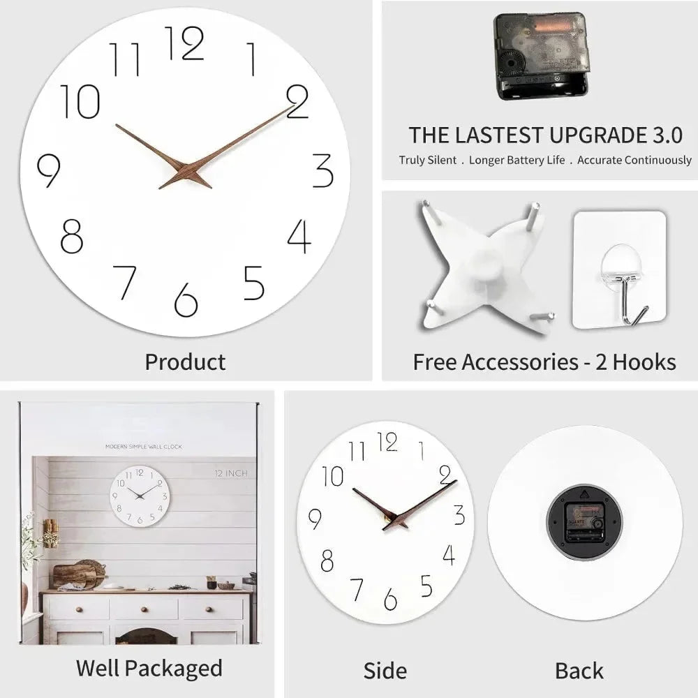 Minimalist Black and White Nordic Wall Clock with Wooden Hands - Tegulane Global