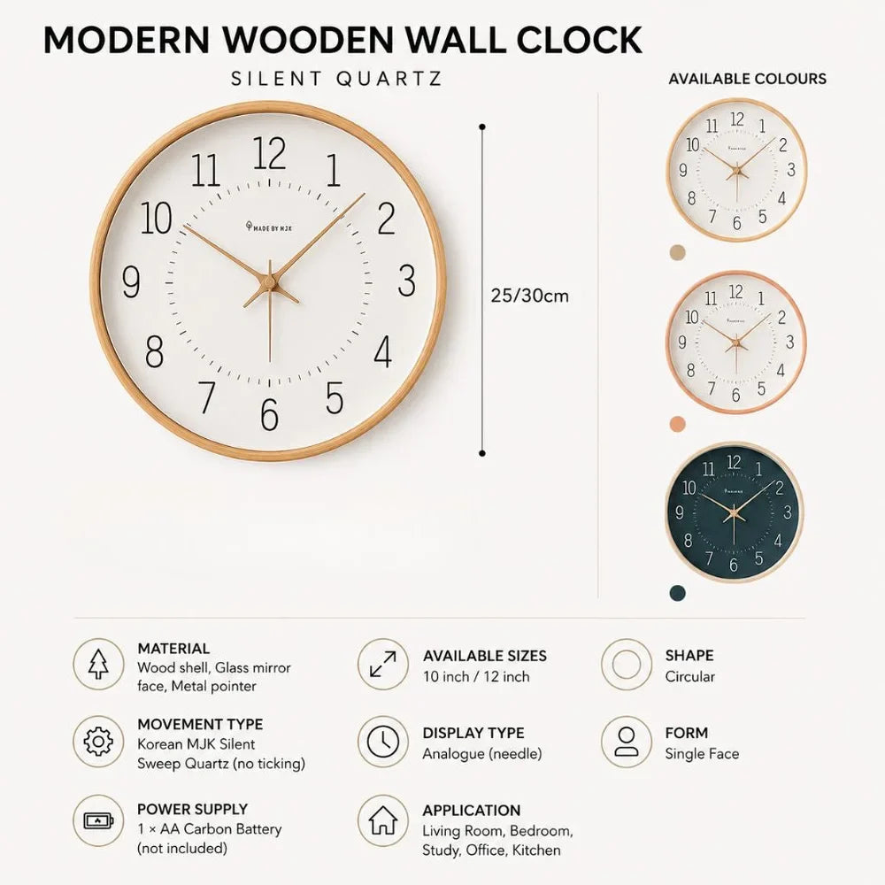 Modern Nordic Wooden Wall Clock Silent Quartz - Tegulane Global