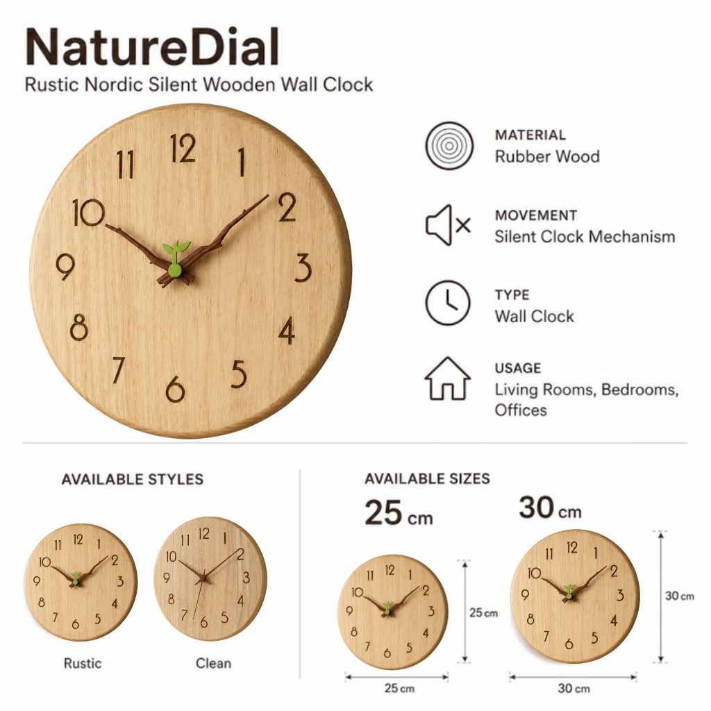 NatureDial Rustic Nordic Silent Wooden Wall Clock - Tegulane Global