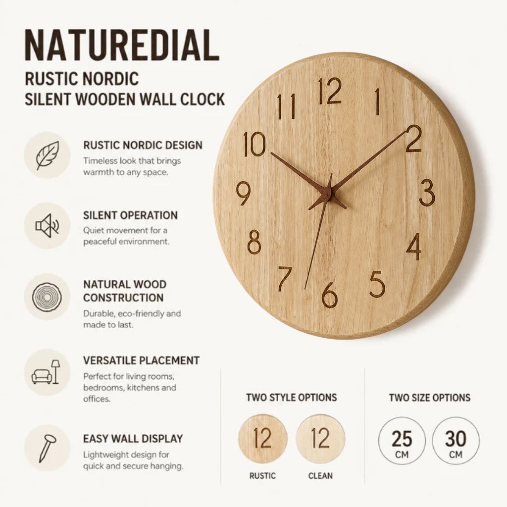 NatureDial Rustic Nordic Silent Wooden Wall Clock - Tegulane Global