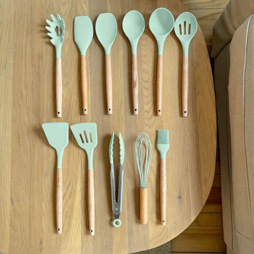 Non-Toxic BPA Free Silicone Cooking Utensil Set with Wooden Handles Tegulane - Tegulane Global