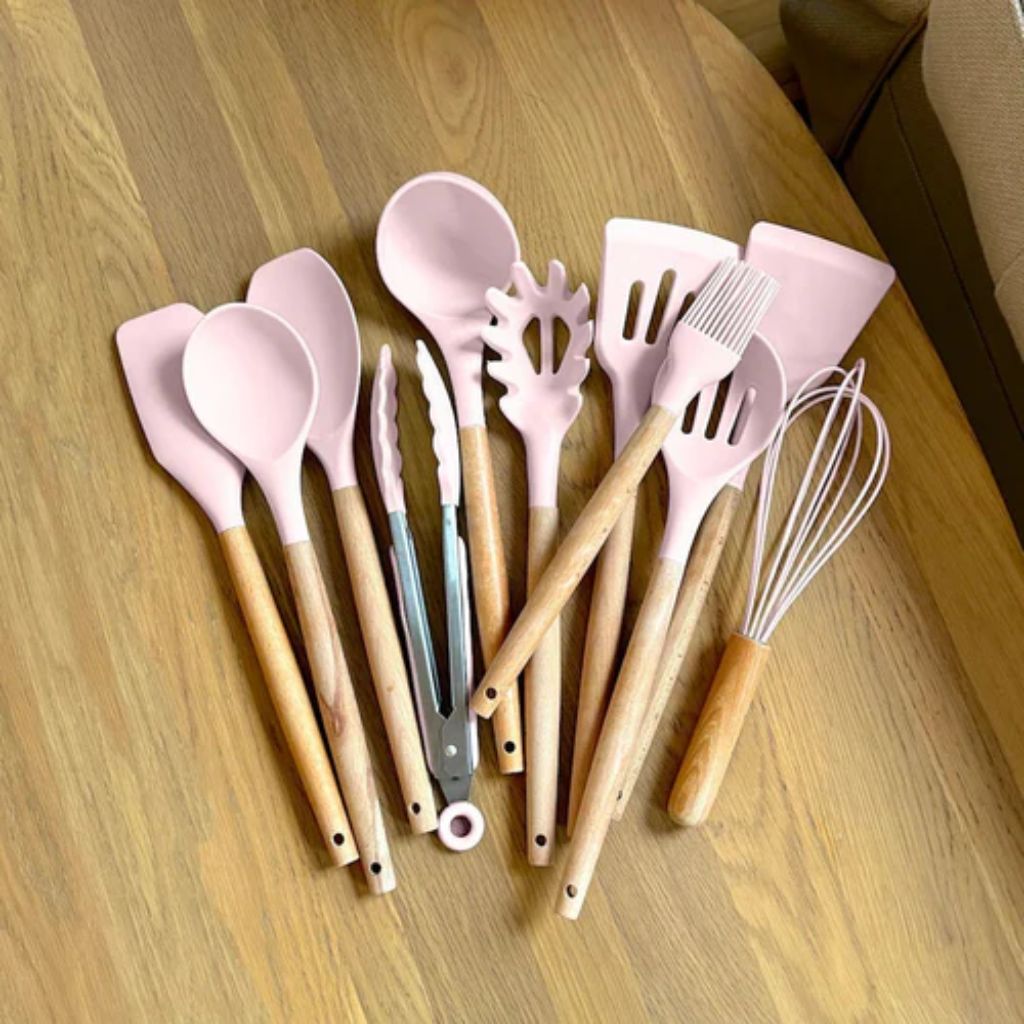 Non-Toxic BPA Free Silicone Cooking Utensil Set with Wooden Handles Tegulane - Tegulane Global