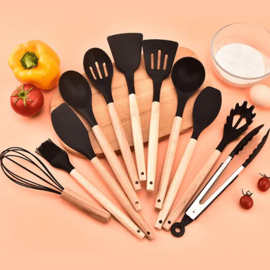 Non-Toxic BPA Free Silicone Cooking Utensil Set with Wooden Handles Tegulane - Tegulane Global