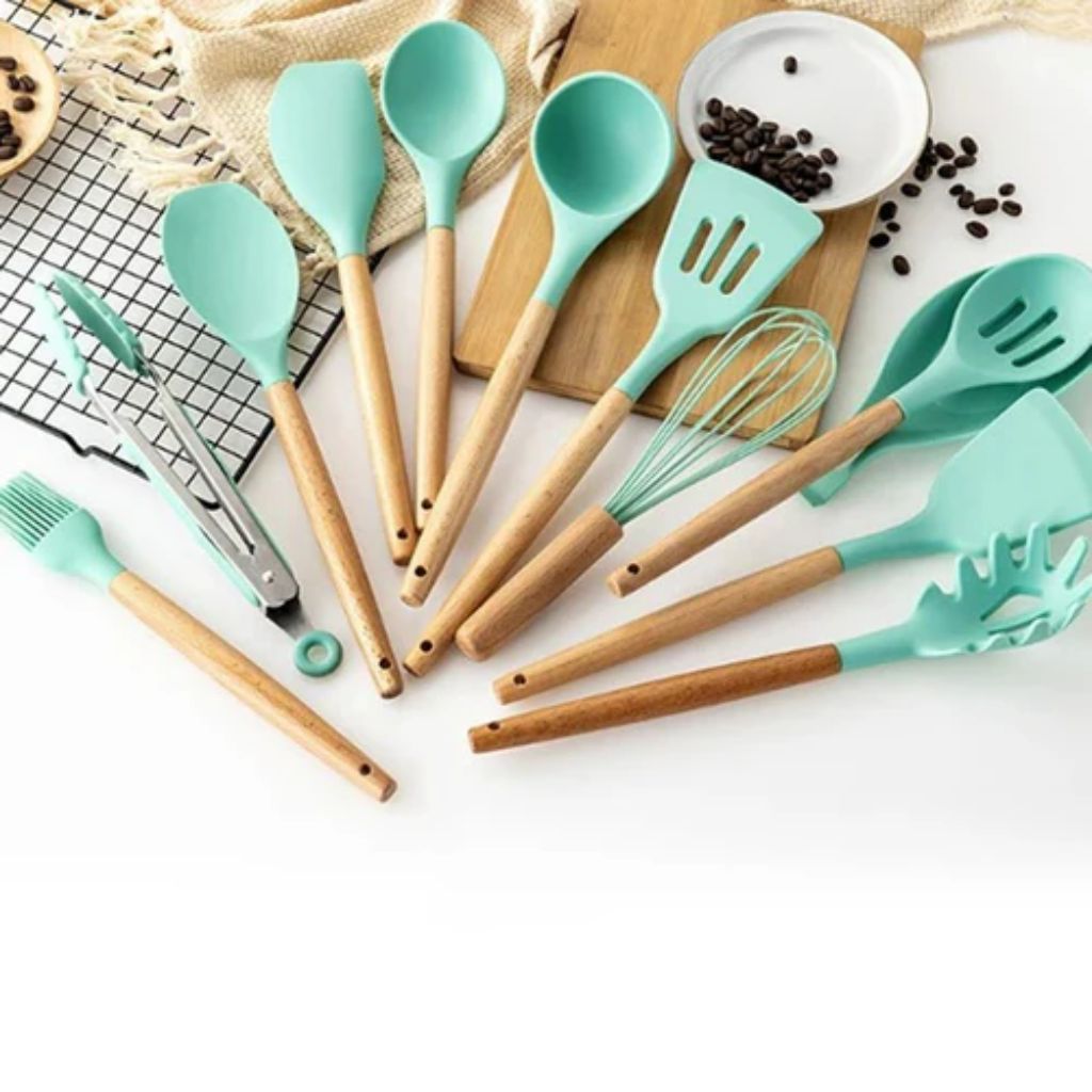 Non-Toxic BPA Free Silicone Cooking Utensil Set with Wooden Handles Tegulane - Tegulane Global