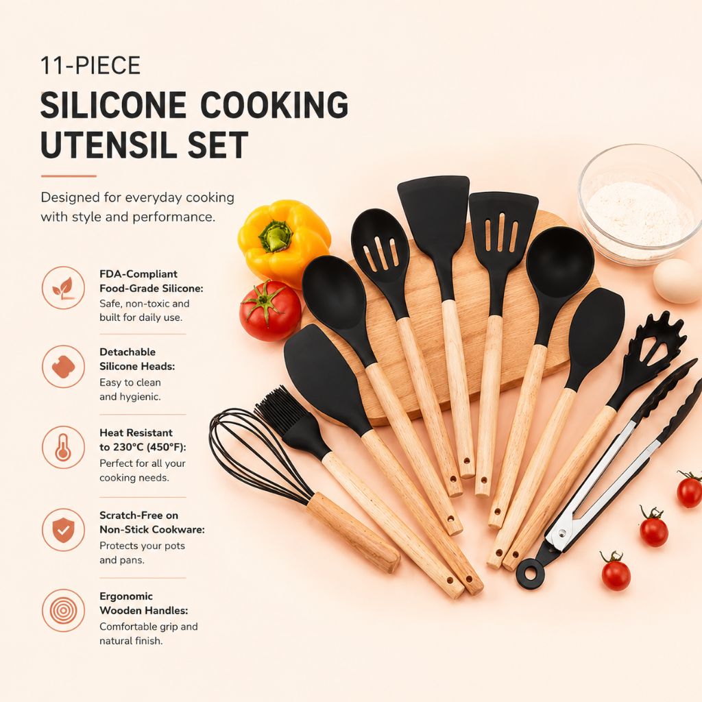 Non-Toxic BPA Free Silicone Cooking Utensil Set with Wooden Handles Tegulane - Tegulane Global
