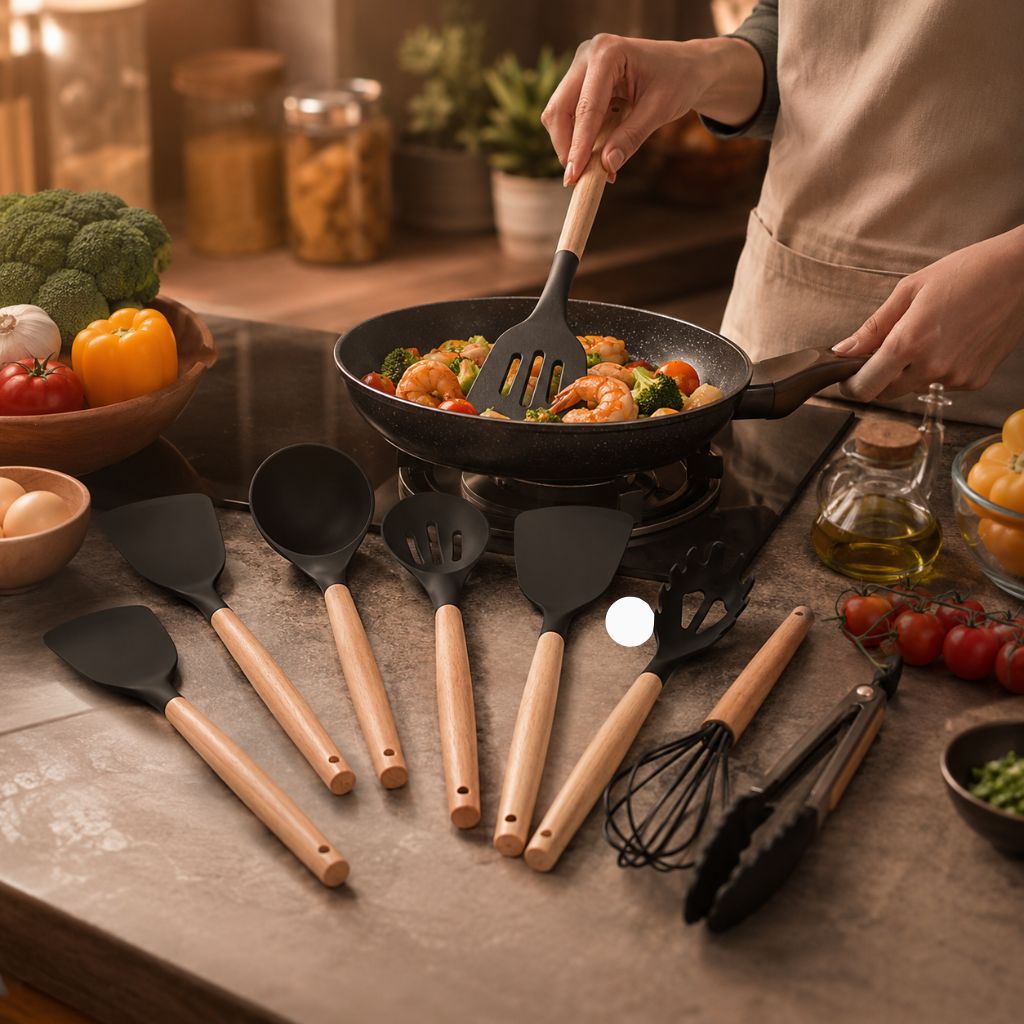 Non-Toxic BPA Free Silicone Cooking Utensil Set with Wooden Handles Tegulane - Tegulane Global