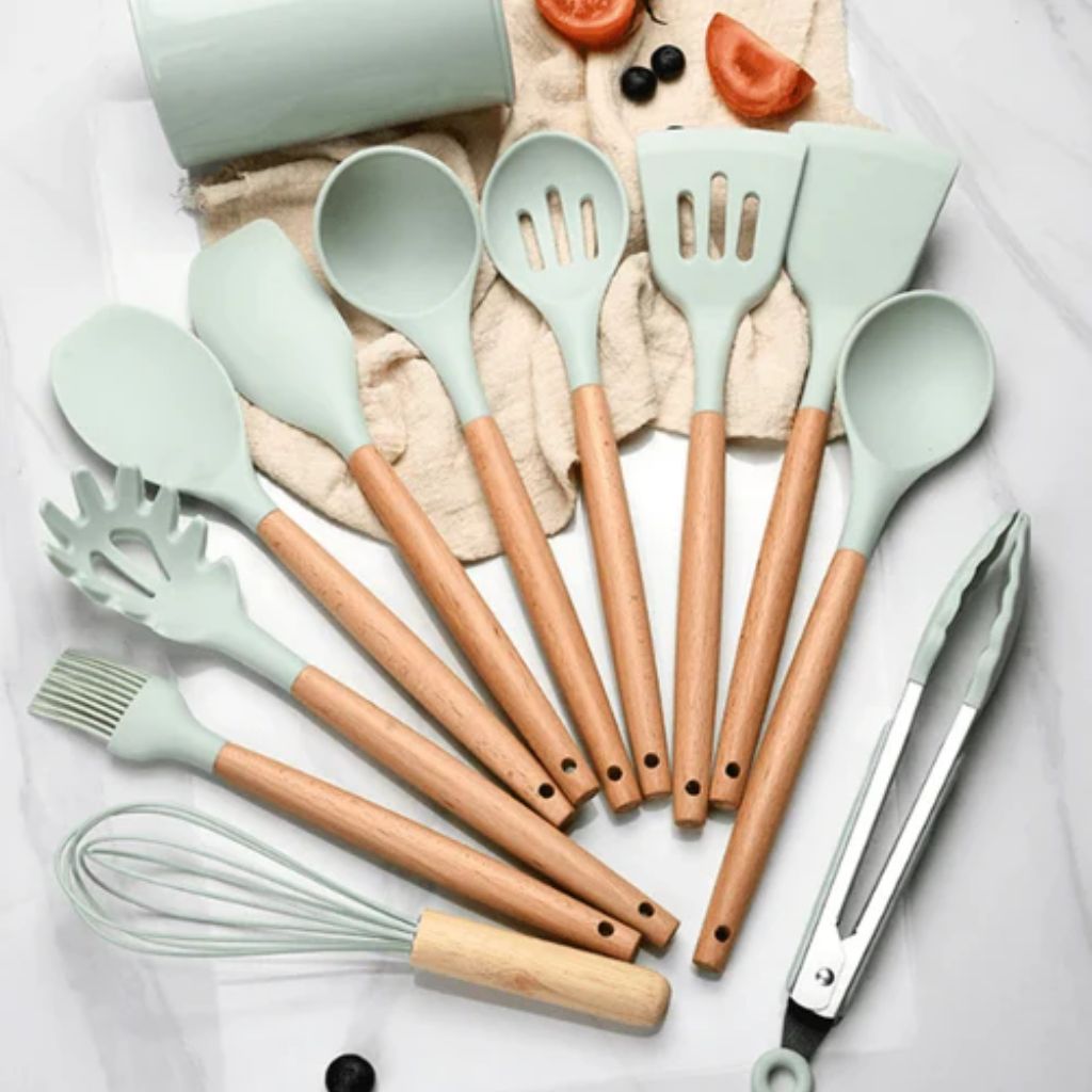 Non-Toxic BPA Free Silicone Cooking Utensil Set with Wooden Handles Tegulane - Tegulane Global