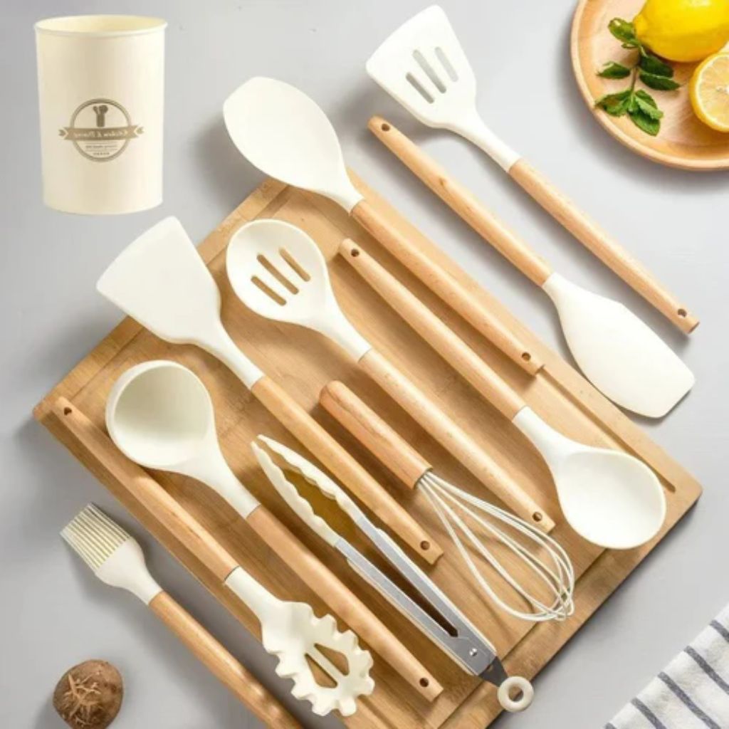 Non-Toxic BPA Free Silicone Cooking Utensil Set with Wooden Handles Tegulane - Tegulane Global