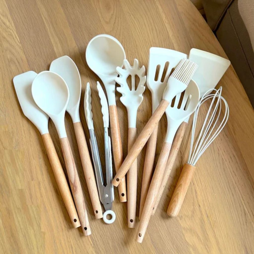 Non-Toxic BPA Free Silicone Cooking Utensil Set with Wooden Handles Tegulane - Tegulane Global