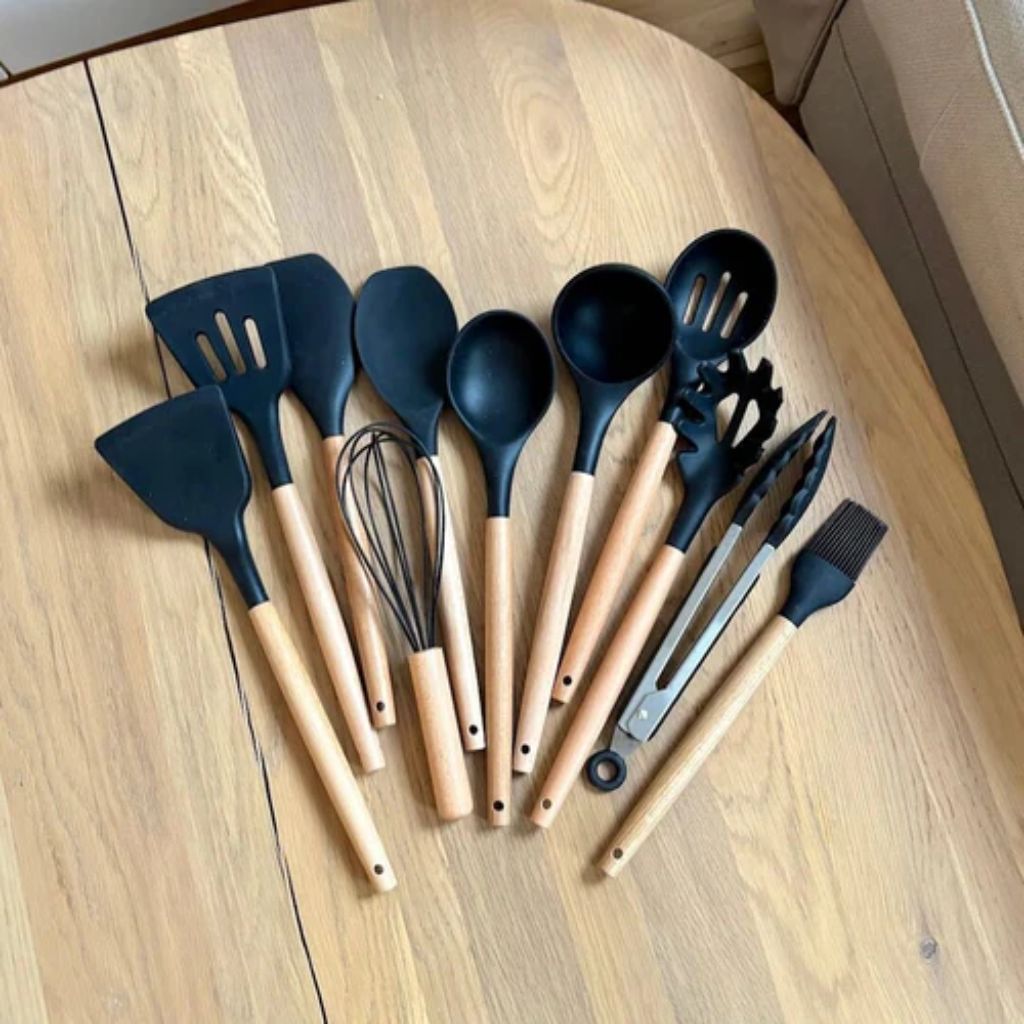 Non-Toxic BPA Free Silicone Cooking Utensil Set with Wooden Handles Tegulane - Tegulane Global