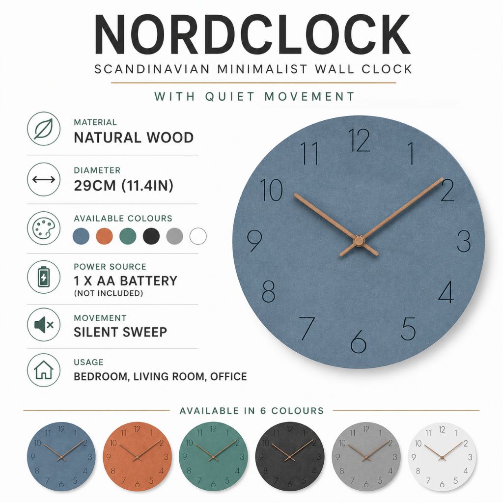NordClock - Scandinavian Minimalist Wall Clock with Quiet Movement - Tegulane Global