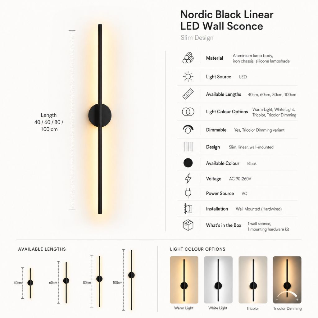 Nordic Black Linear LED Wall Sconce Slim Design - Tegulane Global