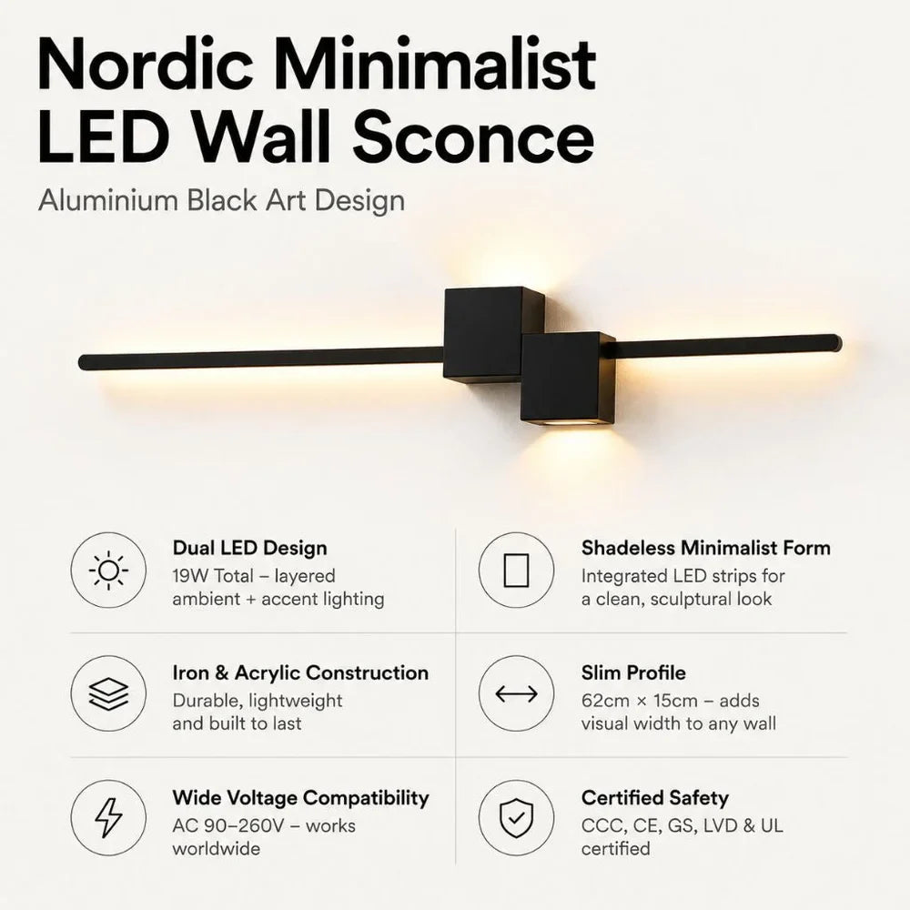 Nordic Minimalist LED Wall Sconce Aluminium Black Art Design - Tegulane Global