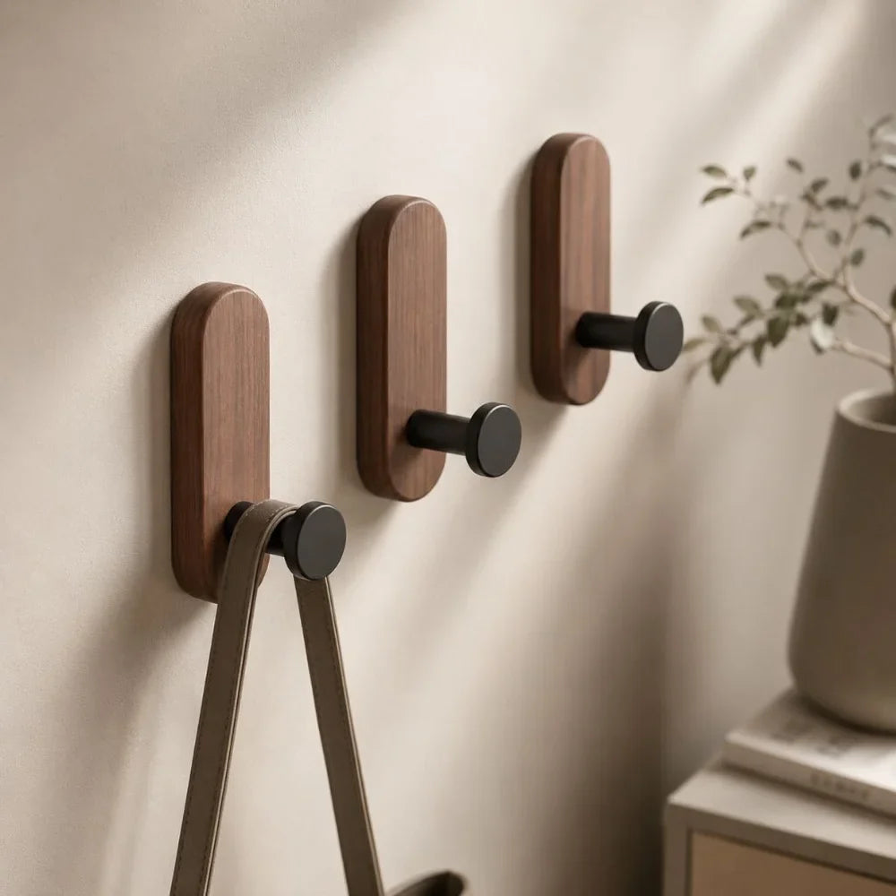 Nordic Walnut Wood Adhesive Wall Hooks - No Drill - Tegulane Global