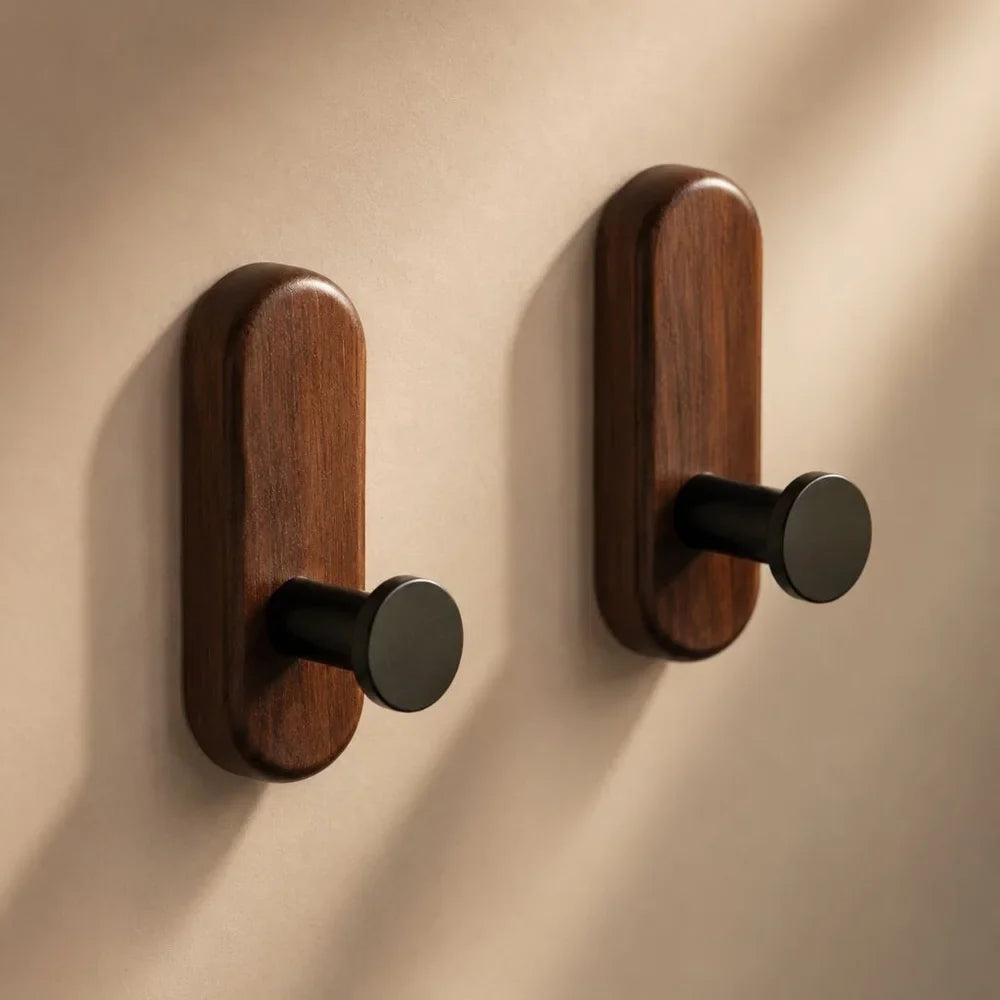Nordic Walnut Wood Adhesive Wall Hooks - No Drill - Tegulane Global