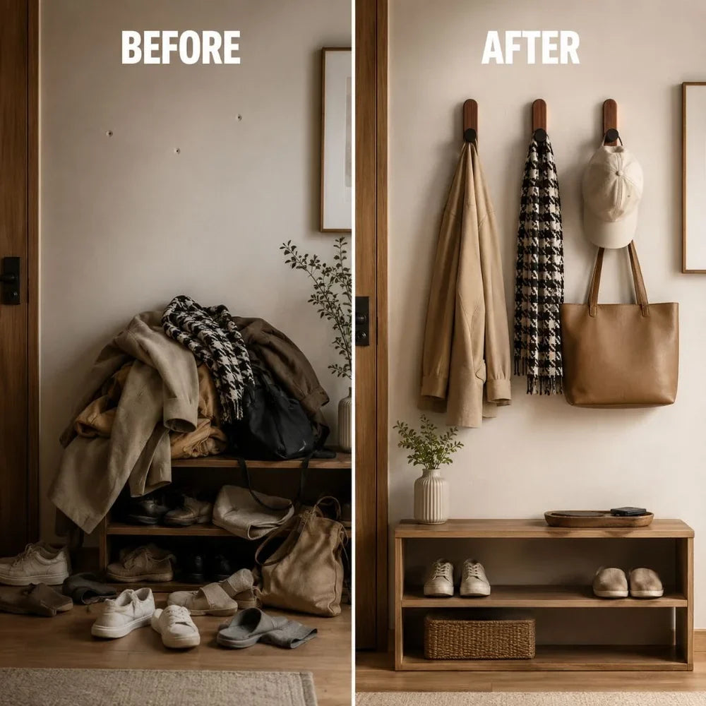Nordic Walnut Wood Adhesive Wall Hooks - No Drill - Tegulane Global