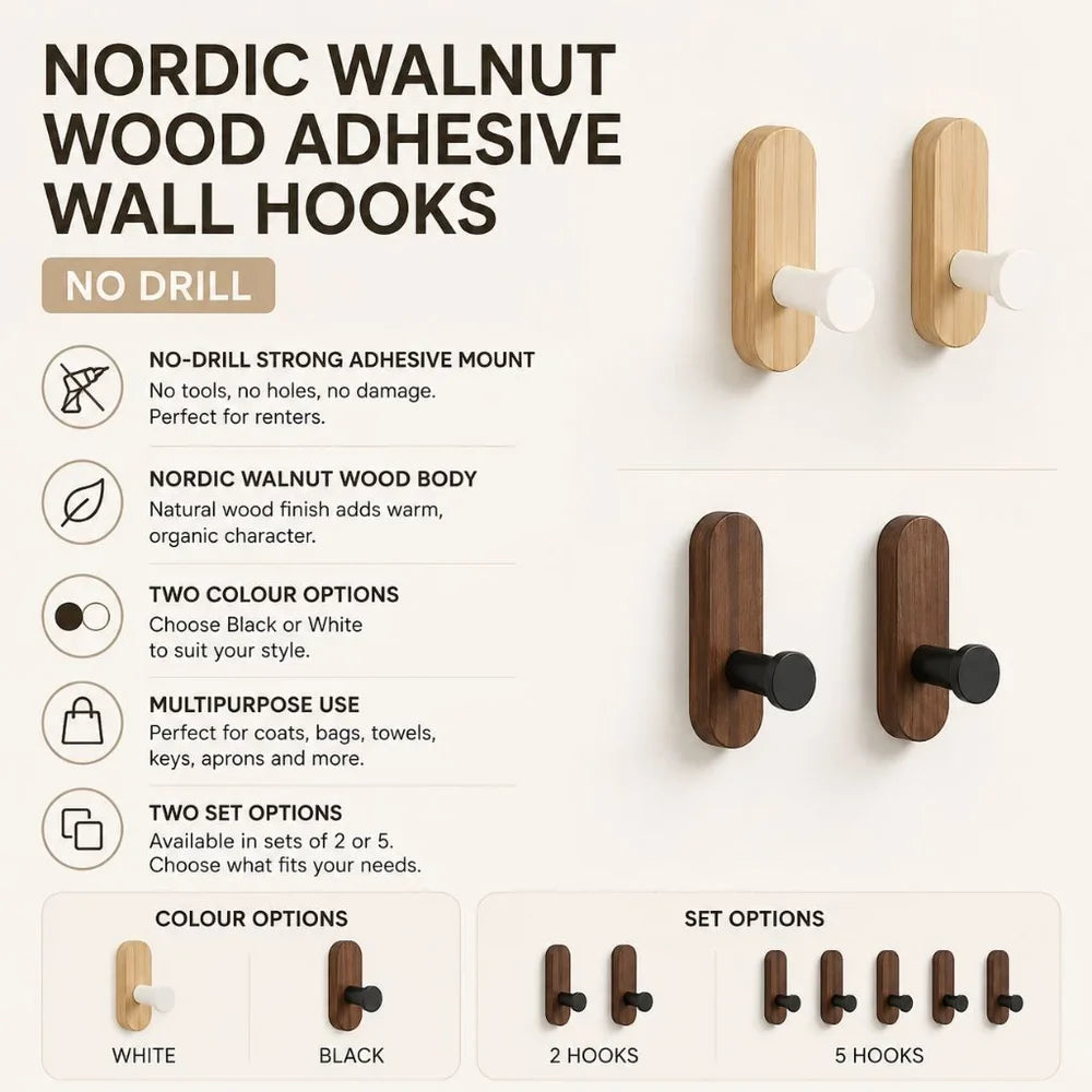 Nordic Walnut Wood Adhesive Wall Hooks - No Drill - Tegulane Global