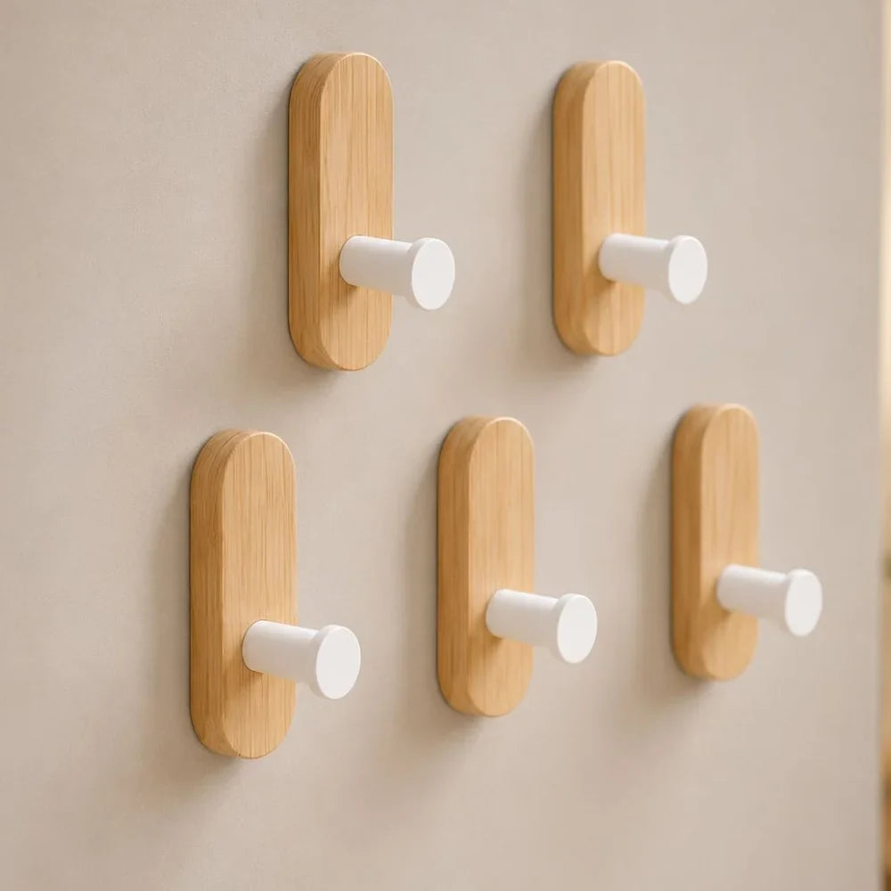 Nordic Walnut Wood Adhesive Wall Hooks - No Drill - Tegulane Global
