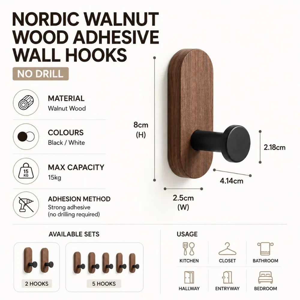 Nordic Walnut Wood Adhesive Wall Hooks - No Drill - Tegulane Global