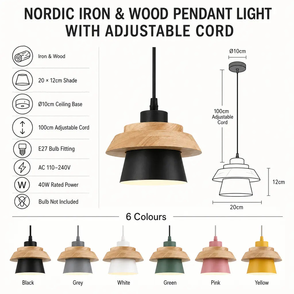 Nordic Iron & Wood Pendant Light with Adjustable Cord - Tegulane Global